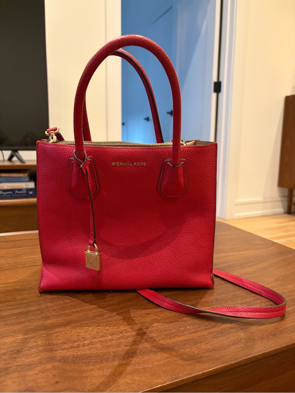 Michael Kors Red Pebbled Leather Satchel with Removable Strap